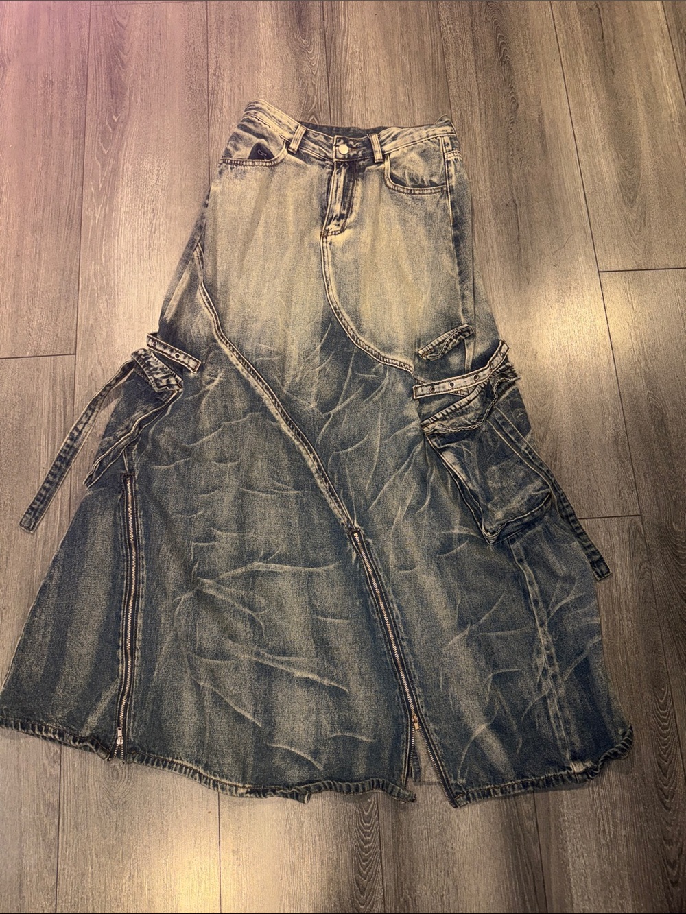 Denim Maxi Cargo Skirt in Washed Blue